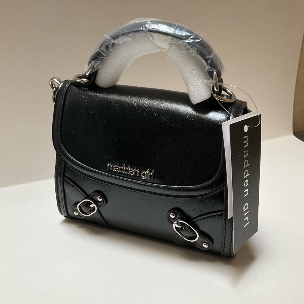 NWT Madden Girl Alilithc Crinkle Mini Top Handle Satchel Bag Black Crossbody